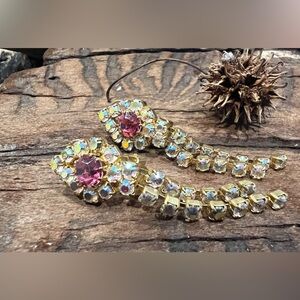 Chandelier Prong Earrings Fuchsia Austrian AB Crystals Faceted Gold tone Clip On